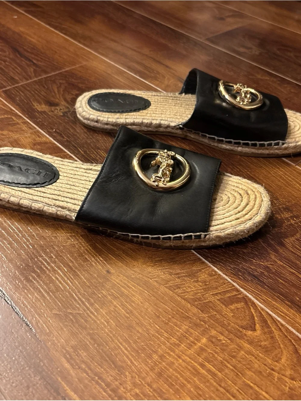 Coach Shoes Coach Camille Espadrille Jute Footbead Black Leather Gold Size 7